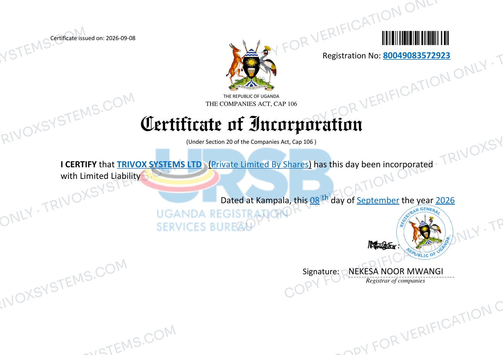 Certificate of Incorporation of Trivox Systems Ltd, Registration No. 80049083572923, issued by the Uganda Registration Services Bureau on 8 September 2026