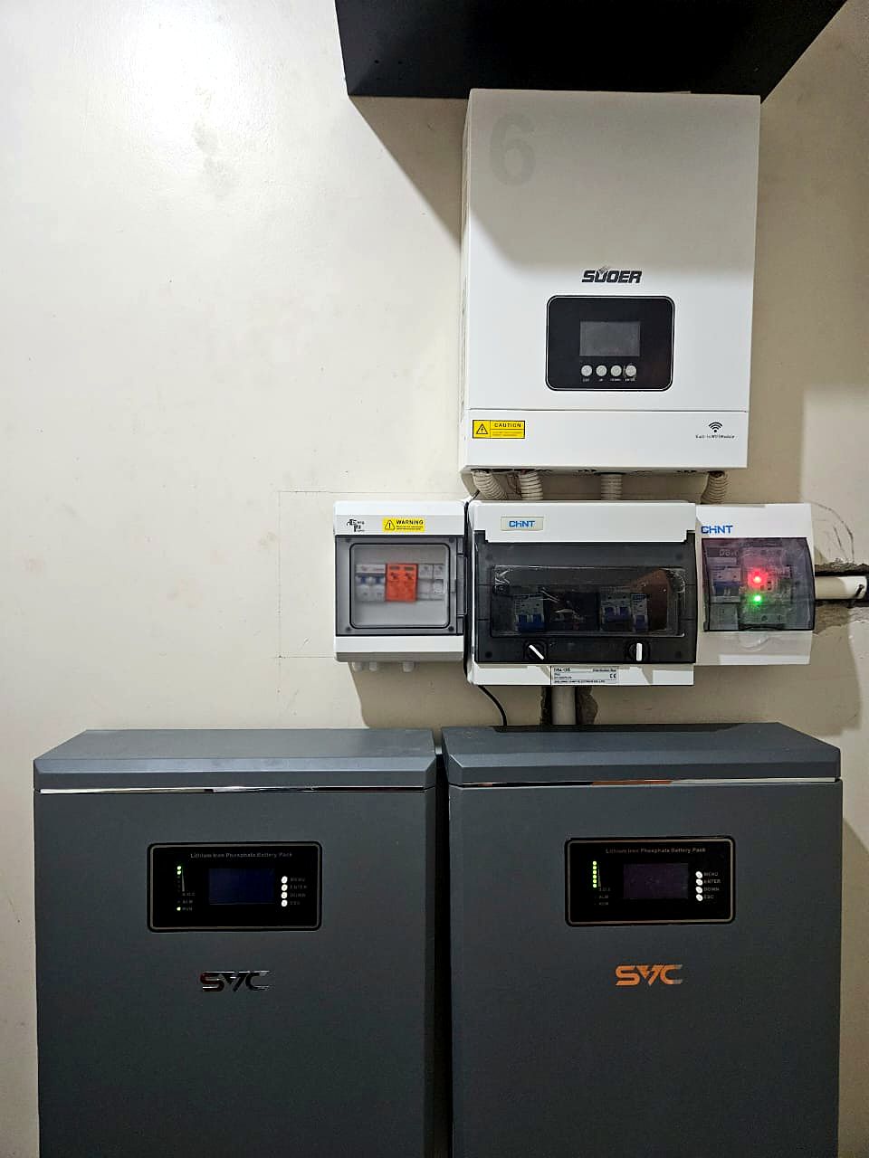Hybrid inverter, protection breakers and two lithium battery units installed on a wall