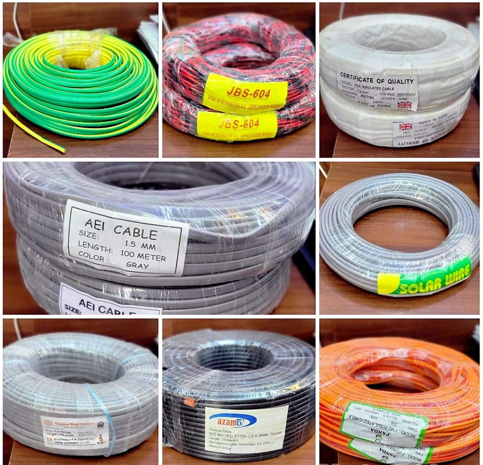 Rolls of electrical cable and wire in different sizes and colours, including earth, speaker, solar and coaxial cable